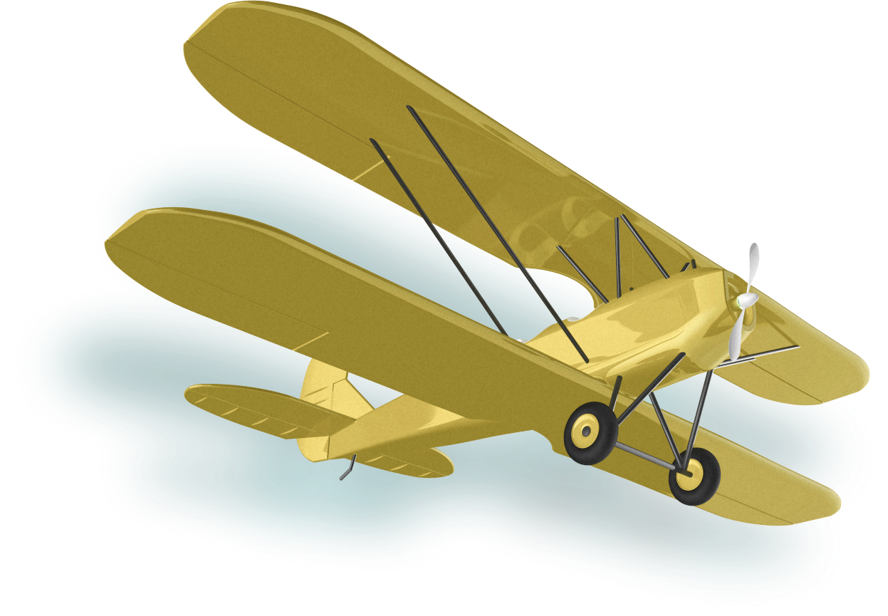 Yellow Biplane flying to the right