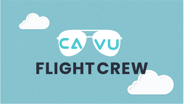 A graphic of a blue sky with a few clouds with the text CAVU Flight Crew