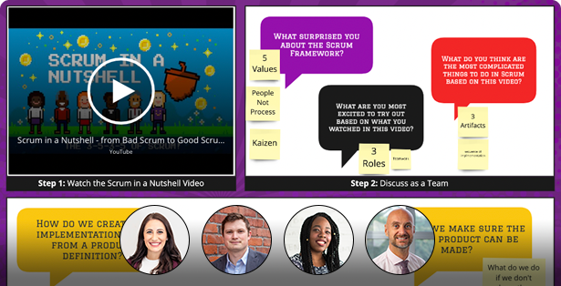 Colorful platform with video, profile pictures of learners, and a class activity from a Scrum Bootcamp course.