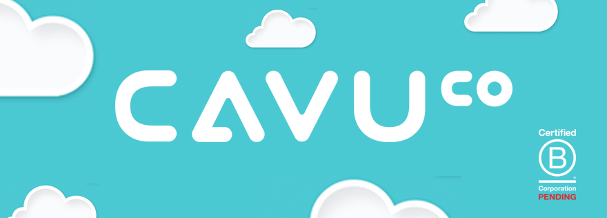 A CAVU logo with a Certified B Corp Status Pending logo on a blue-skies background with a few clouds