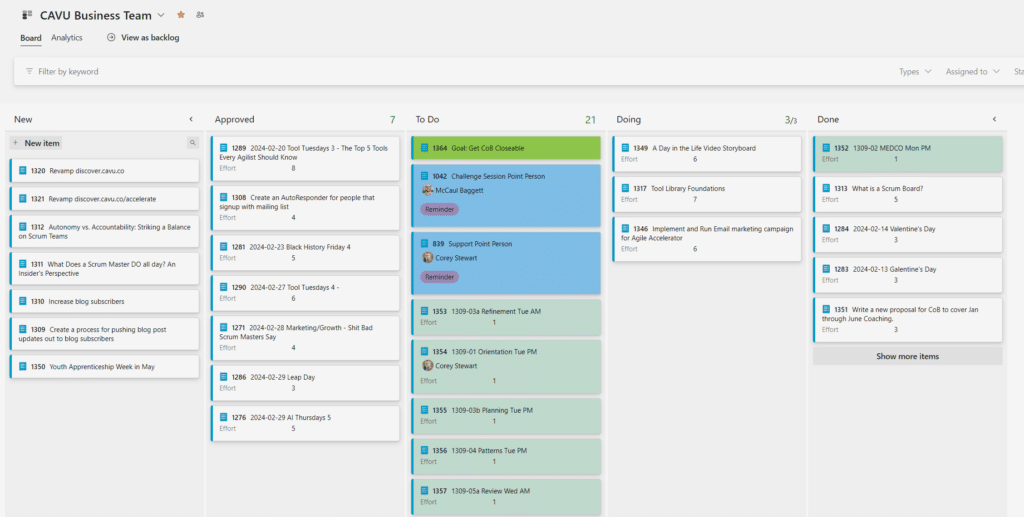 A picture of a Scrum Board in Azure DevOps