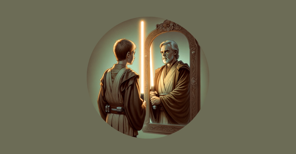 A young Jedi looking at himself in the mirror, seeing an older wiser version of himself with experience